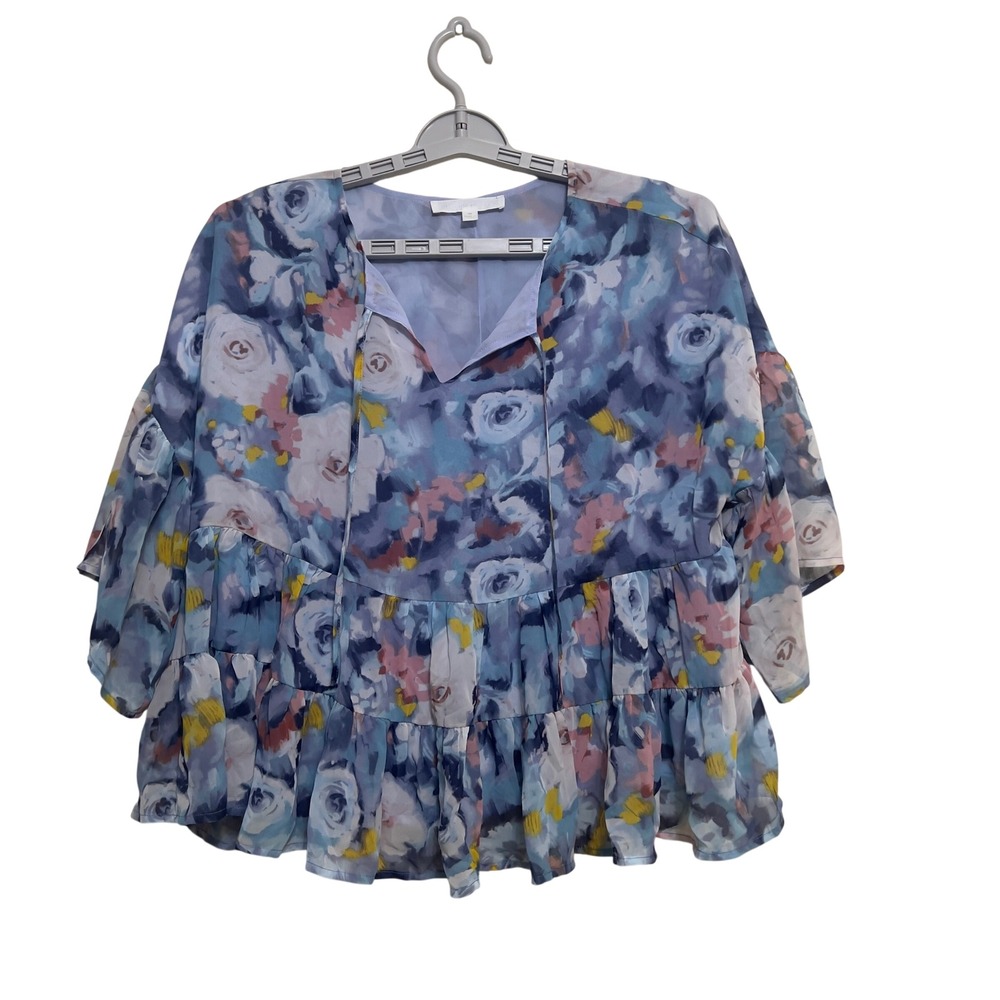 Alyson Parker Floral Tiered Ruffle V Neck Blouse Top Womens M Blue Pink‎ Yellow